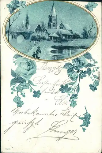 Ansichtskarte  Kirche mit Blumen, blaustich 1901 Goldrand