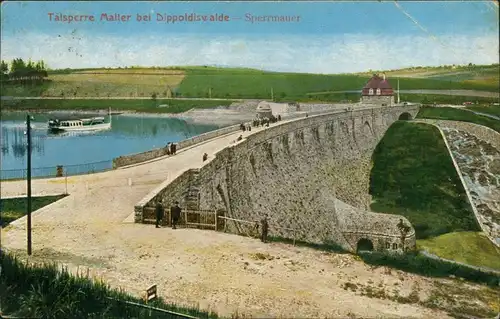 Ansichtskarte Dippoldiswalde Talsperre Malter Sperrmauer mit Boot 1921