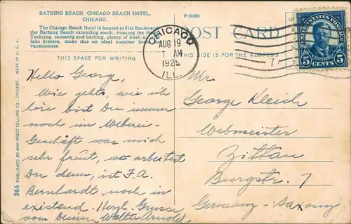 Postcard Chicago "The Windy City" Bathing Beach, Beach Hotel 1925