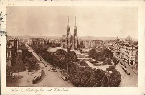 Ansichtskarte Wien Blick auf den Freiheitsplatz mit Votivkirche 1924 