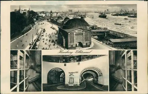 Ansichtskarte St. Pauli-Hamburg 4 Bild Elbtunnel - Fussgänger und KFZ 1932 