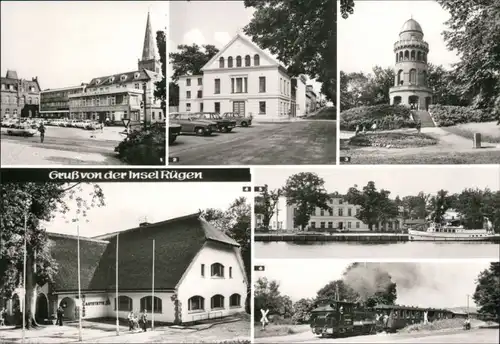 Ansichtskarte Bergen (Rügen) Hotel am Hafen, Turm, Kleinbahn - Mehrbild 1981 