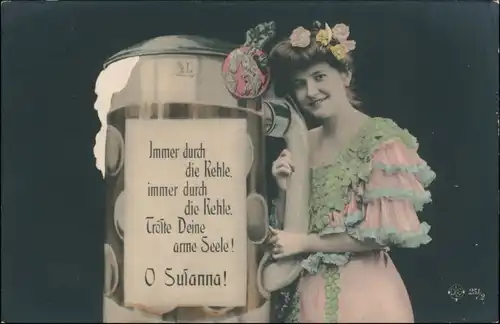  Künstlerkarte: Frau vor Riesenbierseidel: Immer durch die Kehle 1914 