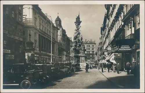 Wien Graben mit Pestsäule, parkende Oldtimer - Graben Restaurant 1934