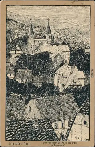 Gernrode-Quedlinburg Stiftskirche St. Cyriaci von Osten, Künstlerkarte 1910