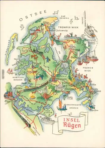 Mecklenburg Vorpommern Landkarten-Ansichtskarte von der Insel Rügen 1958