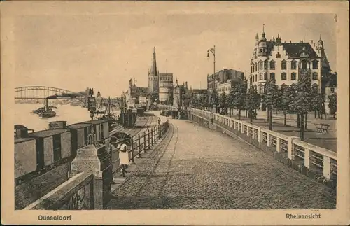 Ansichtskarte Düsseldorf Straßenpartie, Mädchen - Rheinansicht 1924 
