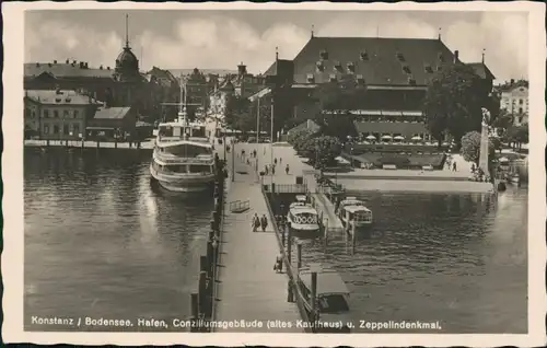 Ansichtskarte Konstanz Hafen, Schiff, Zeppelindenkmal 1931 