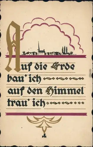  Christlicher Spruch mit Stadtsilhouette Skyline Dorf 1914 Goldrand