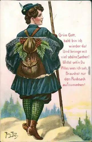Ansichtskarte  Wanderin - Rucksack, Arth, Thiele 1914 