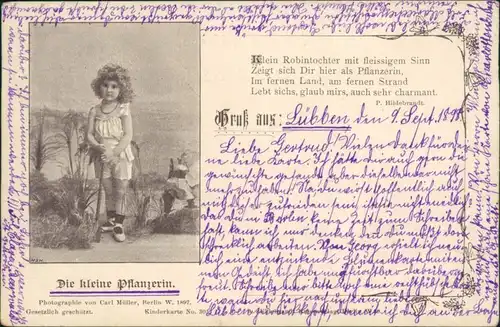 Ansichtskarte  Die kleine Pflanzerin. Kind mit Spaten am Strand 1898