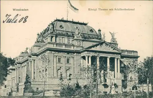 Ansichtskarte Wiesbaden Kgl. Theater mit Schillerdenkmal 1908 