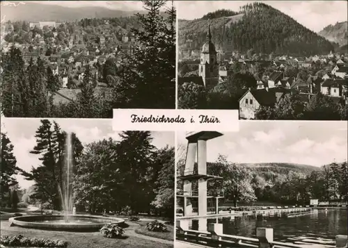 Ansichtskarte Friedrichroda Panorama, Springbrunnen, Freibad 1961