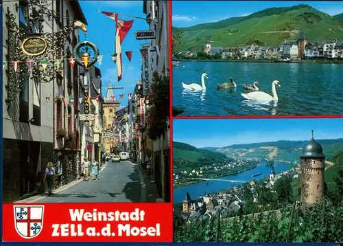 Ansichtskarte Zell/Mosel Gasse, Panorama, Mosel mit Schwänen 1995