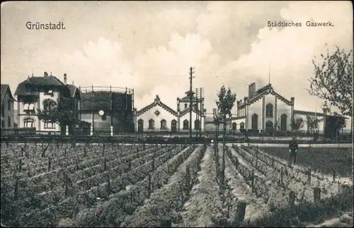 Ansichtskarte Grünstadt Pfalz Partie am Stätischen Gaswerk 1913 