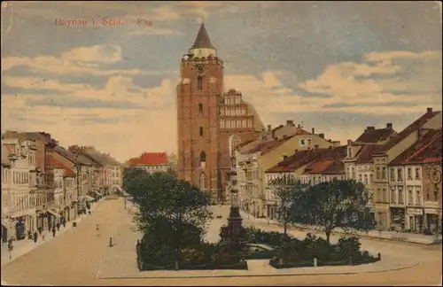 Postcard Haynau Chojnów Ring, Kirche u. Geschäfte 1920 