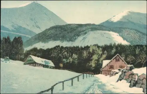 Postcard Wolfshau Dorpartie mit Schneekoppe 1913 