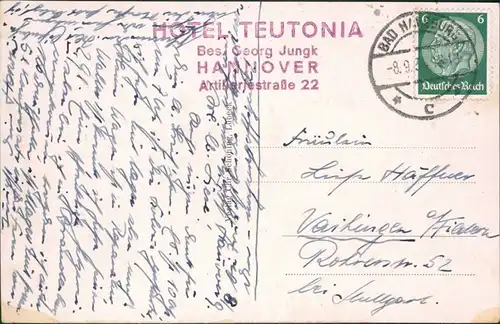 Ansichtskarte Hannover Partie am Hotel Teutonia 1937