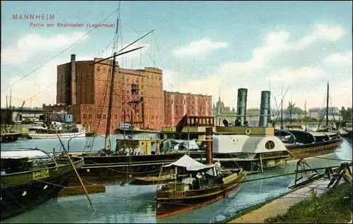 Ansichtskarte Mannheim Rheinhafen, Lager - Dampfer 1907 