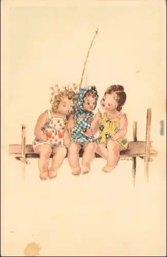 Ansichtskarte  Künstlerkarte: drei Mädchen beim angeln (H. Peyk) 1928