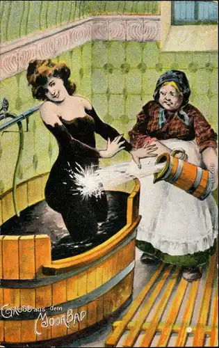Ansichtskarte  Gruss aus dem Moorbad Frau wird vom Schlamm gereinigt 1908 