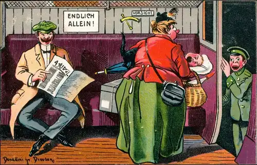  schreiendes Kind im Zug Scherzkarte - Künstlerkarte Donadini Dresden 1920 