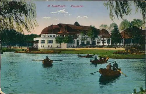 Ansichtskarte Mönchengladbach Teich, Paddelboote - Turnhalle 1916 