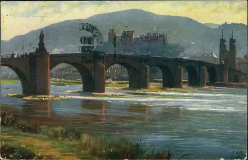 Ansichtskarte Heidelberg Künstlerkarte: Alte Neckarbrücke 1916 