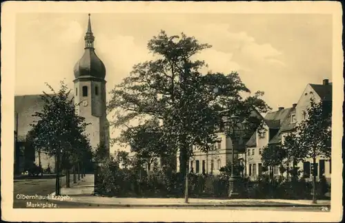 Ansichtskarte Olbernhau Kirche und Marktplatz 1932 