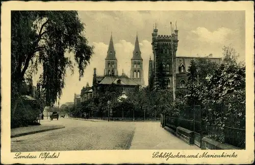 Landau in der Pfalz Straßenpartie - Schlößchen und Marienkirche 1934 