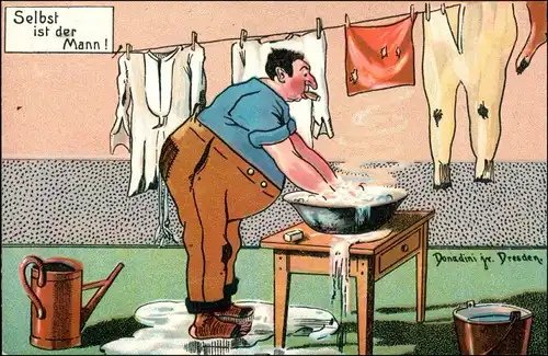  Mann Wäsche waschen Donadini Dresden Scherz Künstlerkarte 1920 