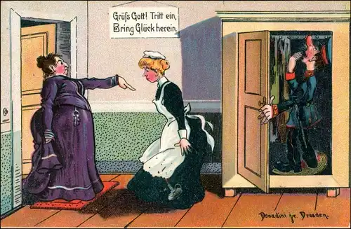  Magd Soldat im Schrank Donadini Dresden Scherz Künstlerkarte 1920 