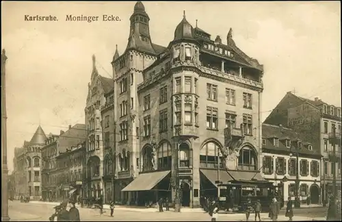Ansichtskarte Karlsruhe Straßenbahn, Moninger Ecke 1910 
