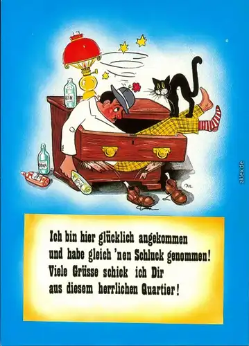  Humor - Spruchkarte: betrunkener Mann mit Katze in Kommodenschublade 1995