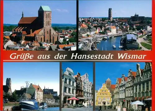 Ansichtskarte Wismar Kirche, Teilansicht, Anlegestelle, Geschäfte 1995