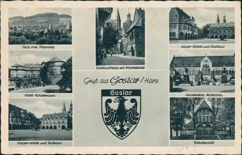 Ansichtskarte Goslar Hotel Achtermann, Rathaus, Domsquelle, Marktkirche 1952