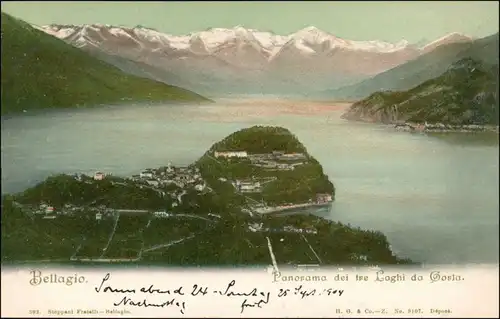 Cartoline Bellagio Panorama dei tre Loghi da Gorla 1908 