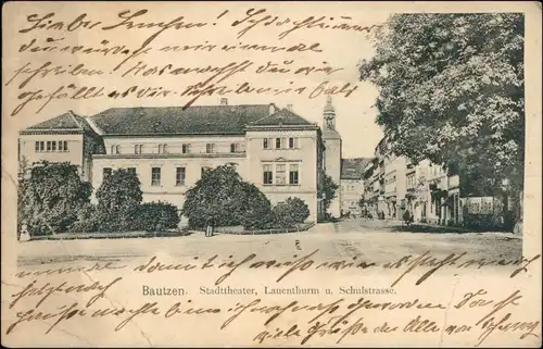 Ansichtskarte Bautzen Budyšin Schulstrasse, Lauenthurm - Stadttheater 1905 