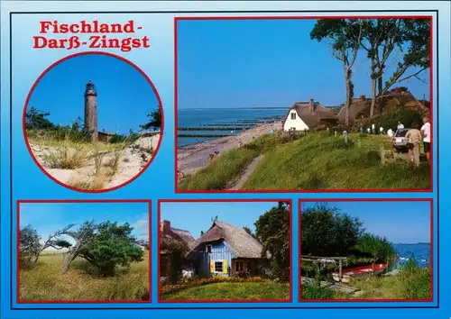 Ansichtskarte Zingst-Darss Leuchtturm, Strand, Schilfhäuser, Boot 1995