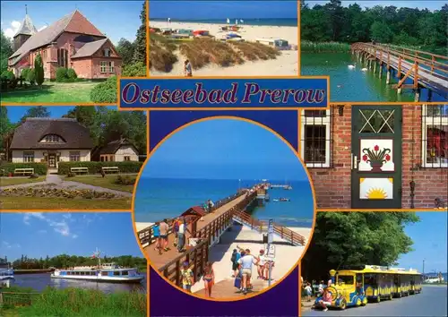 Ansichtskarte Prerow Kirche, Fischhaus, Strand, Seebrücke 1995