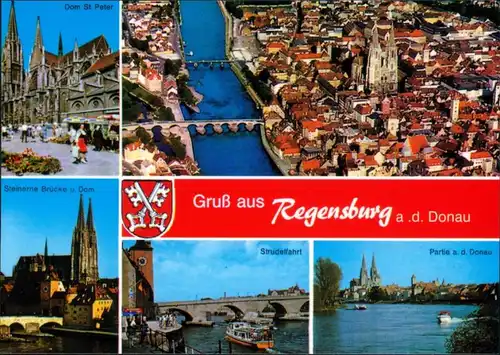 Regensburg Dom St. Peter, Luftbild, Steinerne Brücke, Partie an der Donau 1999