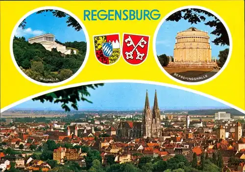 Ansichtskarte Regensburg Walhalla, Befreiungshalle, Panorama mit Dom 1995