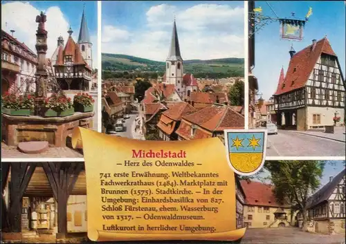 Michelstadt Markt mit Brunnen, Stadtkirche, Fachwerkrathaus, Odenwaldmuseum 1993
