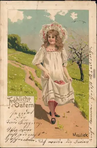  Mädchen im Frühlingsgewand - Ostern Künstlerkarte Mailick 1904 Prägekarte