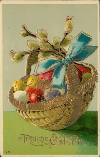Ansichtskarte  Goldrand: Osterkorb - Eier, Weidenkätzchen 1909 Goldrand