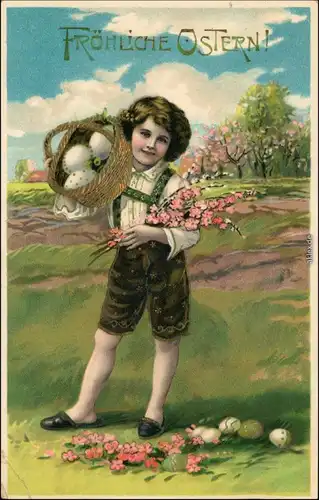 Ansichtskarte  Junge mit Ostereier-Korb - Goldrand 1912 Goldrand