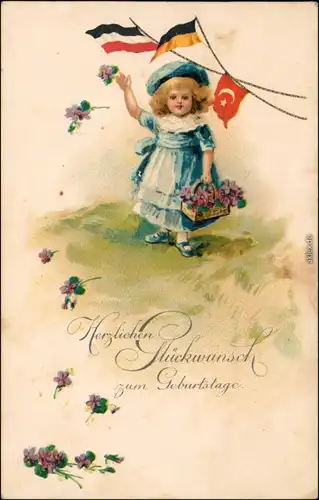 Patriotika Geburtstag - winkendes Mädchen mit Blumenkorb und Fahnen 1910