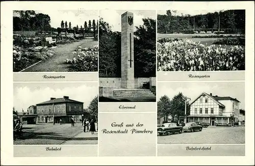 Ansichtskarte Pinneberg Bahnhof, Ehrenmal, Bahnhofshotel, Rosengarten 1953 