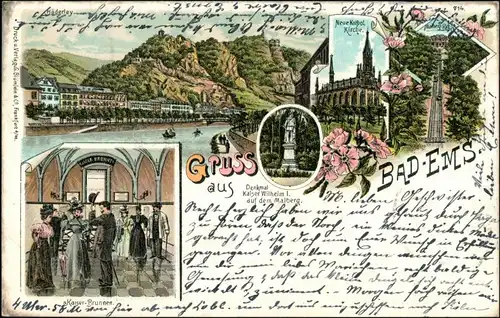 Ansichtskarte Bad Ems Litho AK: Stadt, Brunnen, Kirche, Bahn 1898 