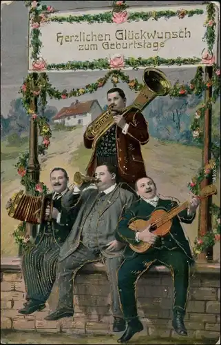 Ansichtskarte  Geburtstag: Goldrand-Prägekarte - Musikanten 1912 Goldrand